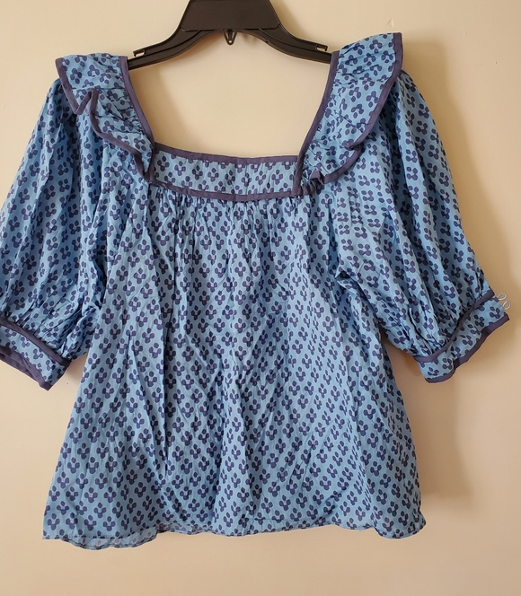 Ophelia & Indigo Cotton Peasant Blouse Block Print Boho Size Small Blue - Picture 2 of 9
